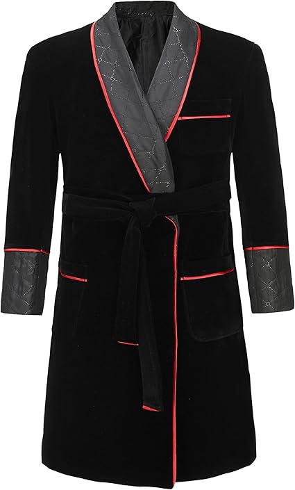 Men's Long Velvet Smoking Jacket with Belt Shawl Lapel Smoking Robe Quilted Dressing Gown