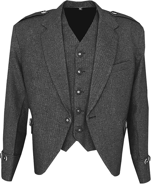 Scottish Tweed Argyle Kilt Jacket with 5 Button Vest - Premium Quality 15 Oz Wool Fabric