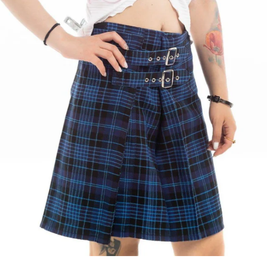 Dual-Buckle Plaid Mini Skirt